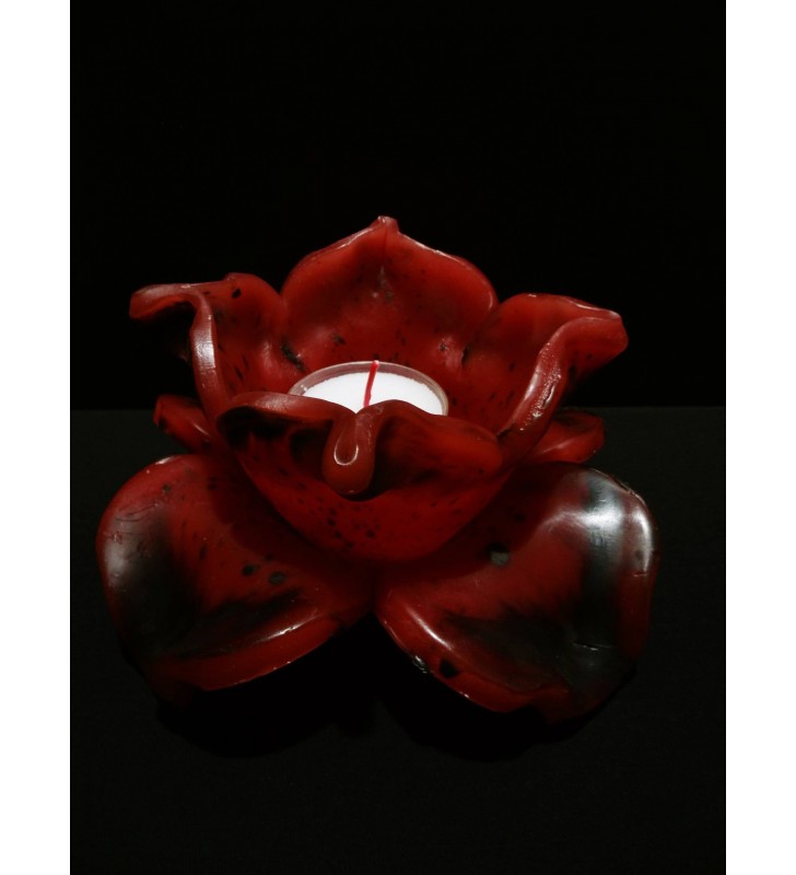 Décor de table original, fleur de bougie rouge et noir mouchetée