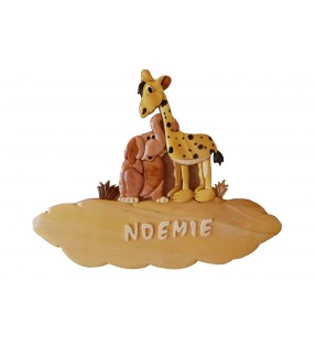 Plaque de porte prénom en bois, Girafe / Eléphant