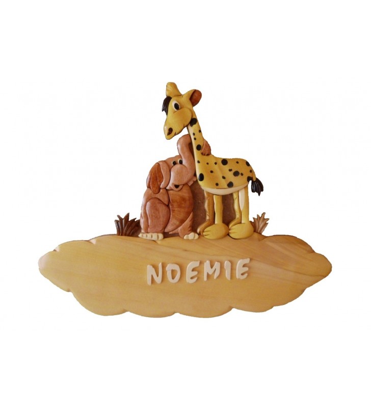 Plaque de porte prénom en bois, Girafe / Eléphant