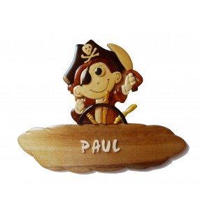 Plaque de porte prénom en bois, Petit Pirate