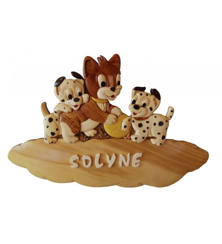 Plaque de porte prénom en bois, Chat / Chiens dalmatiens