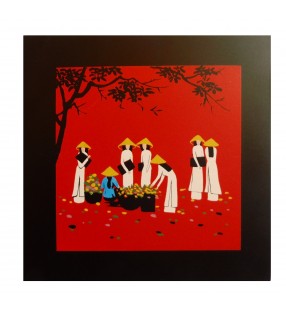 Tableau en bois laqué asiatique - femmes vietnamiennes