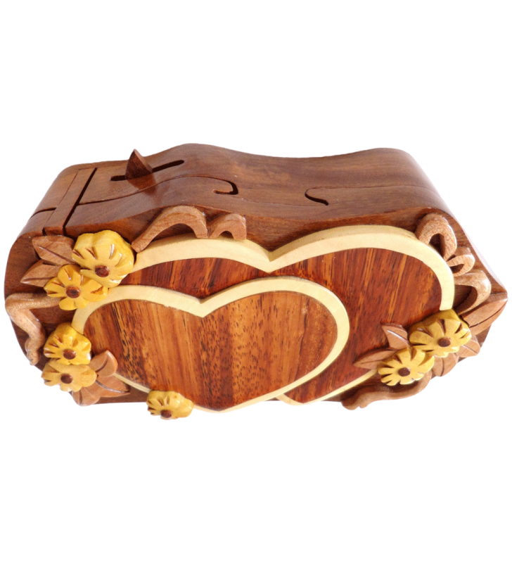 Boîte puzzle secrète à bijoux en bois intarsia, Coeurs