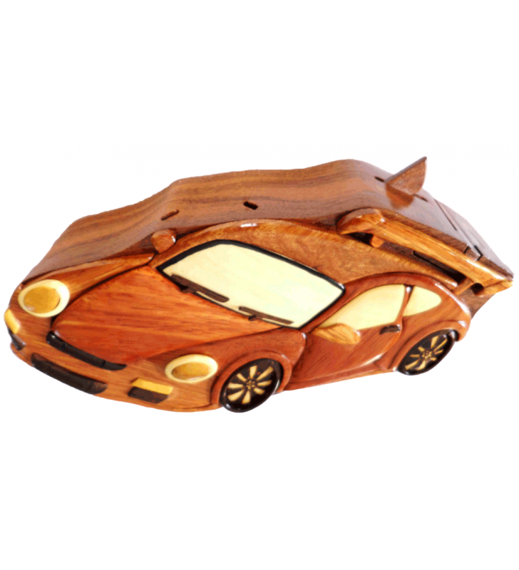 Ouverture mystérieuse de la boîte puzzle secrète à bijoux en bois intarsia, Porsche