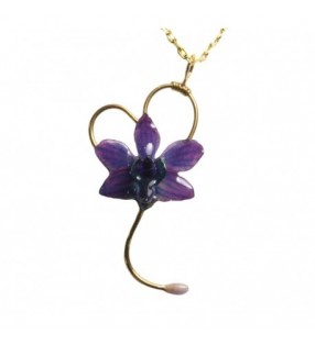 Bijou original orchidée ton bleu, chaîne dorée, forme coeur