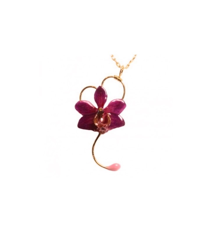 Bijou original orchidée ton rose, chaîne dorée, forme coeur