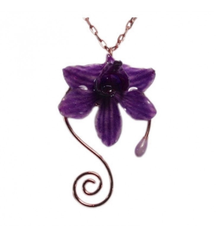 Bijou original orchidée ton violet, chaîne dorée, forme spirale