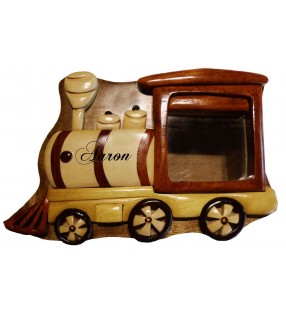 Tirelire puzzle originale en bois avec prénom, Locomotive