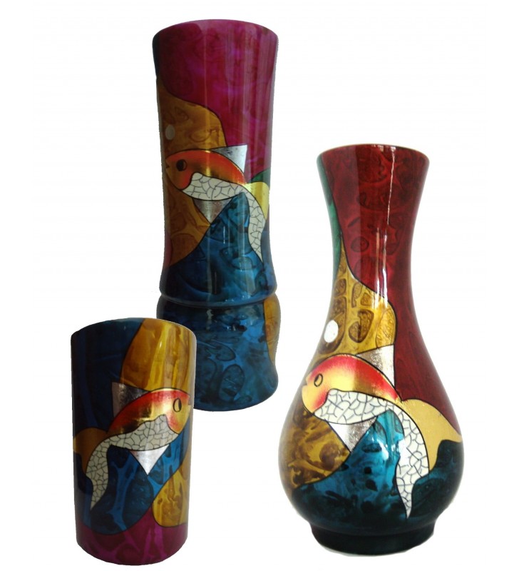 Vases en bois laqué, décor asiatique, motif poisson