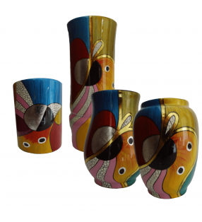 Vases en bois laqué, décor asiatique, motif abstrait