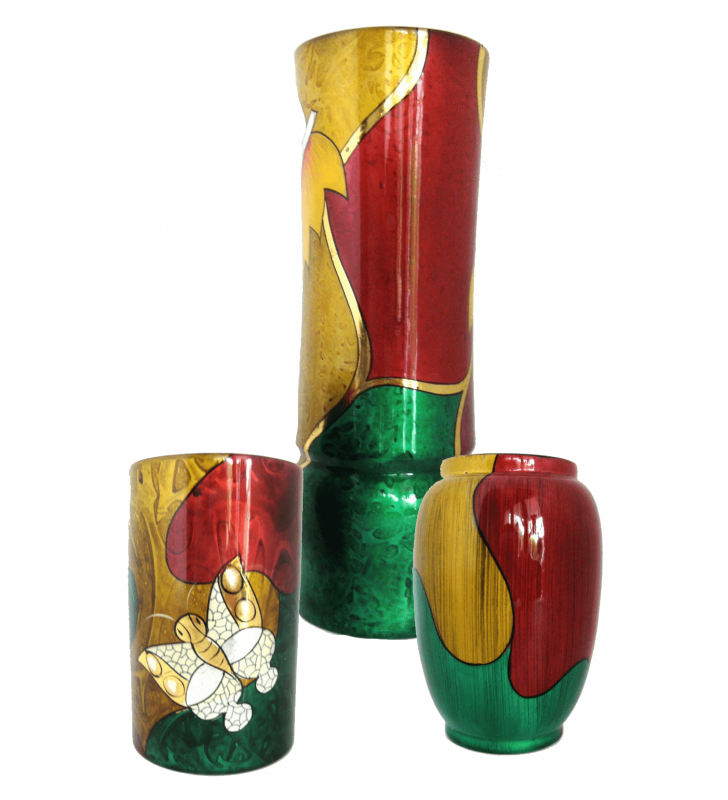 Vases en bois laqué, décor asiatique, multicolores