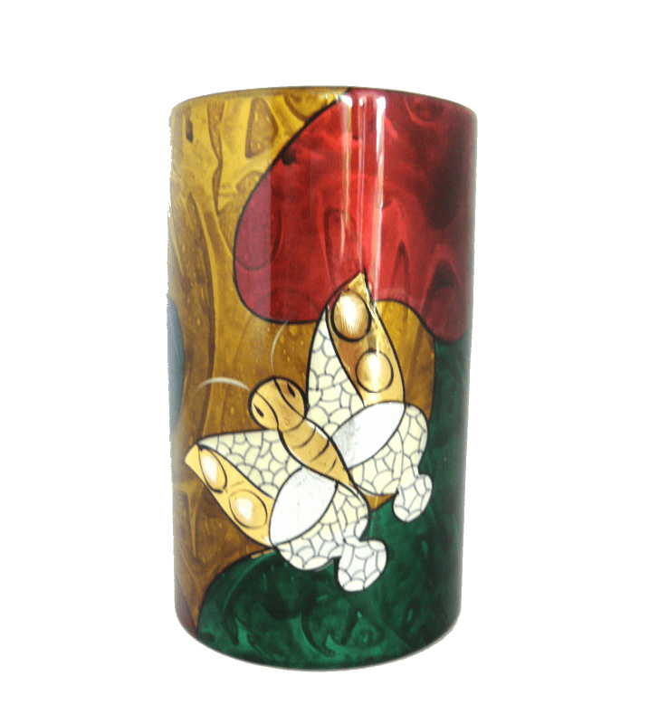 Vase droit en bois laqué, décor asiatique, multicolores
