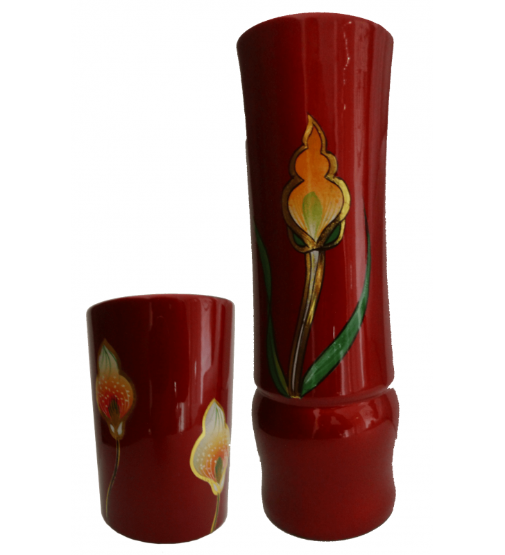 Vases en bois laqué, décor asiatique, fleur d'arum