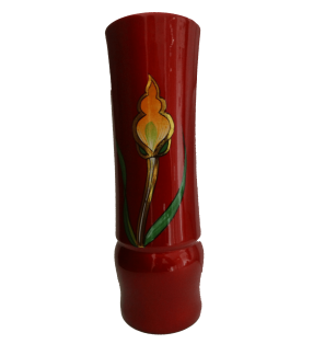 Vase haut en bois laqué, décor asiatique, fleur d'arum