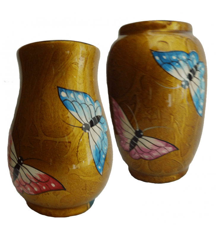 Vases en bois laqué, papillons rose et bleu