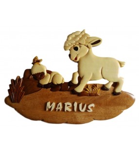 Plaque de porte prénom en bois, Mouton et son agneau