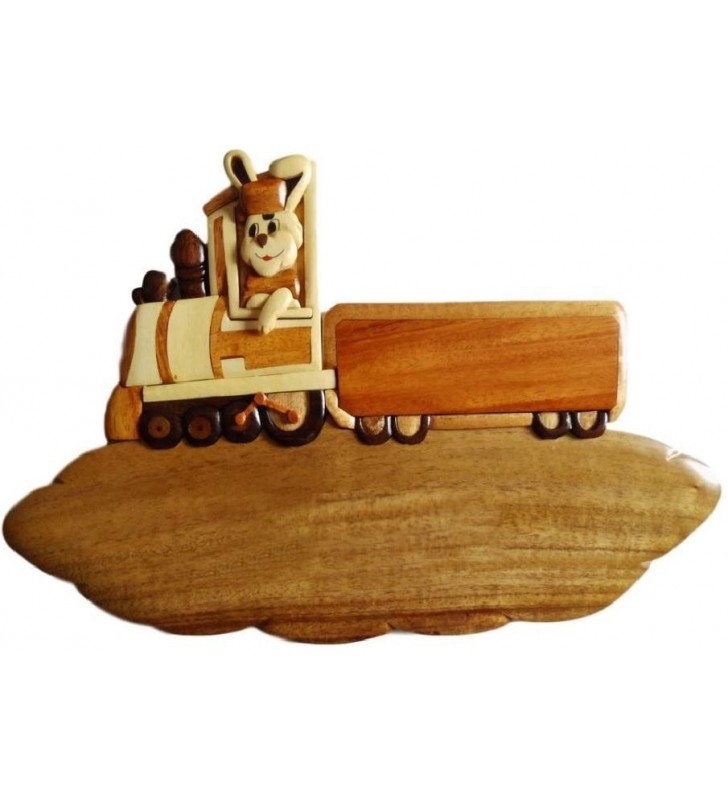Plaque de porte prénom en bois, Lapin conducteur de train