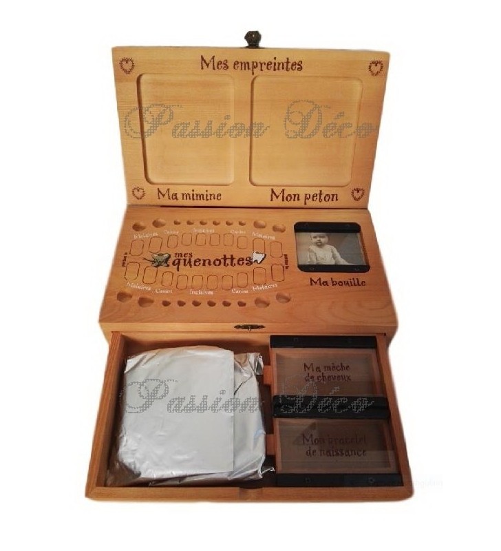 Boîte à dents de lait, empreintes et bracelet naissance, avec prénom et date de naissance