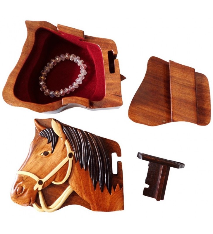 Boîte puzzle secrète à bijoux en bois intarsia, Cheval