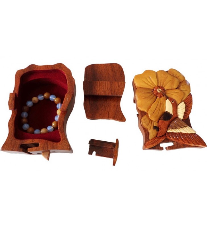 Boîte puzzle secrète à bijoux en bois intarsia, Colibri