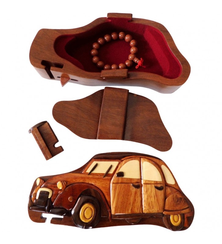 Intérieur de la boîte puzzle secrète à bijoux en bois intarsia, Citroën 2 CV