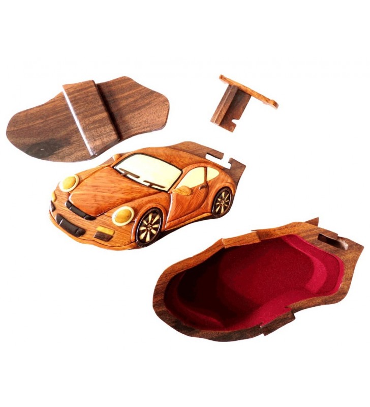 Boîte puzzle secrète à bijoux en bois intarsia, Porsche