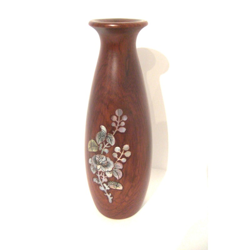 Vase en bois et nacré, motif Fleurs