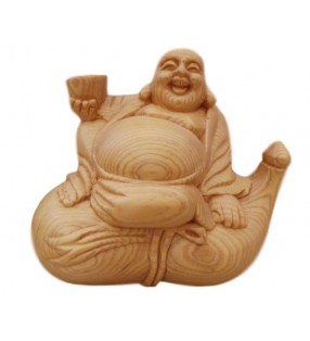 Statue de Bouddha rieur en bois sculpté - décoration Feng Shui