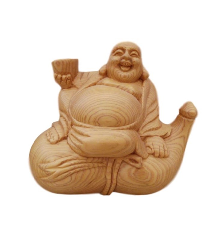 Bouddha rieur en bois, sur bouteille