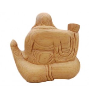 Statue de Bouddha rieur en bois clair sculpté - déco Feng shui