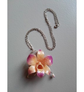 Collier Mini orchidée dendrobium rose / saumon