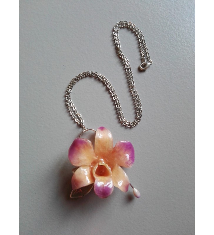 Collier Mini orchidée dendrobium rose / saumon