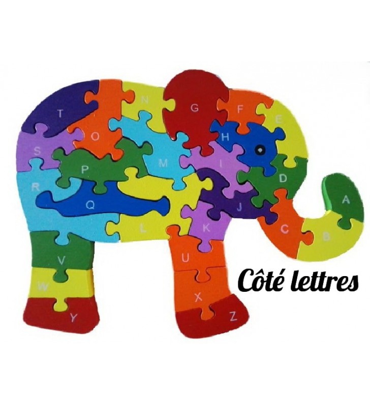 Puzzle en bois 3D ludique, côté lettres, modèle éléphant