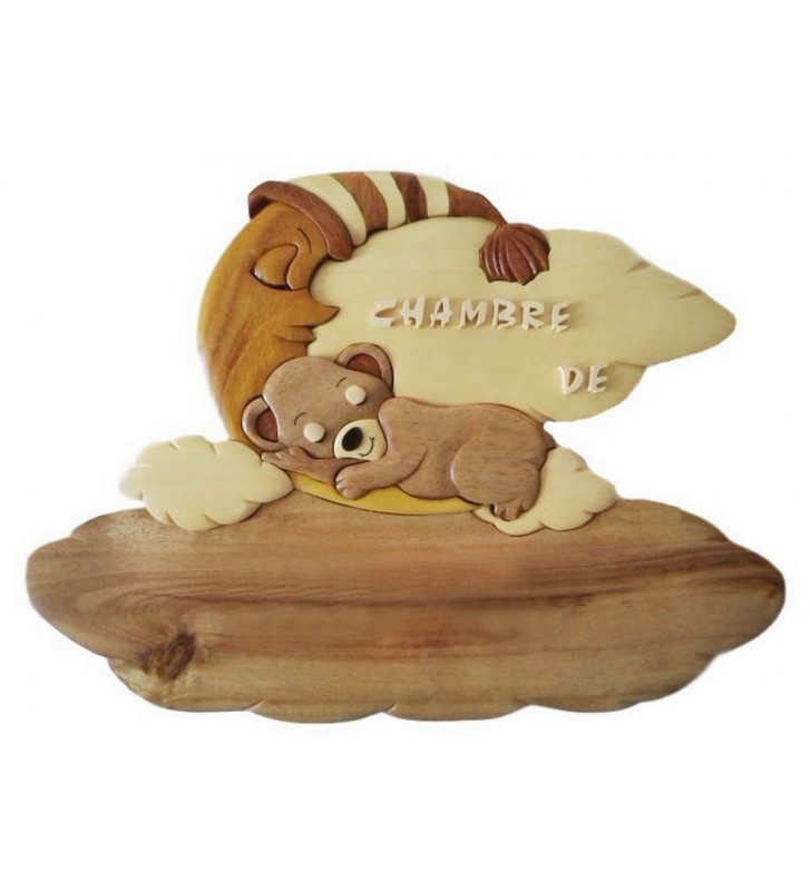 Plaque de porte pour chambre d'enfant en bois, ourson dormeur