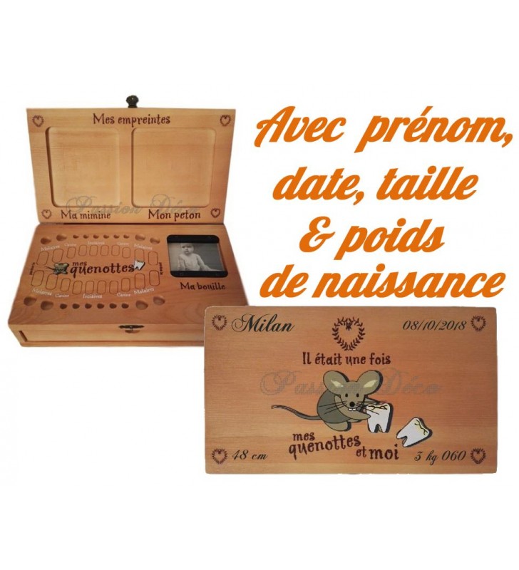 Boîte à dents et empreintes avec prénom, date de naissance, taille et poids de Bébé