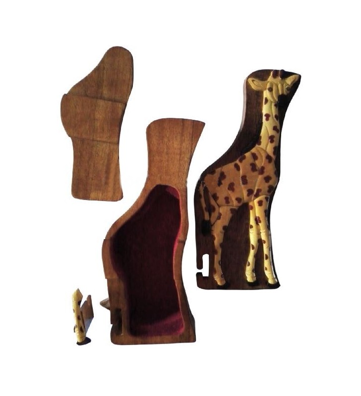 Intérieur de la boîte puzzle secrète à bijoux en bois intarsia, Girafe