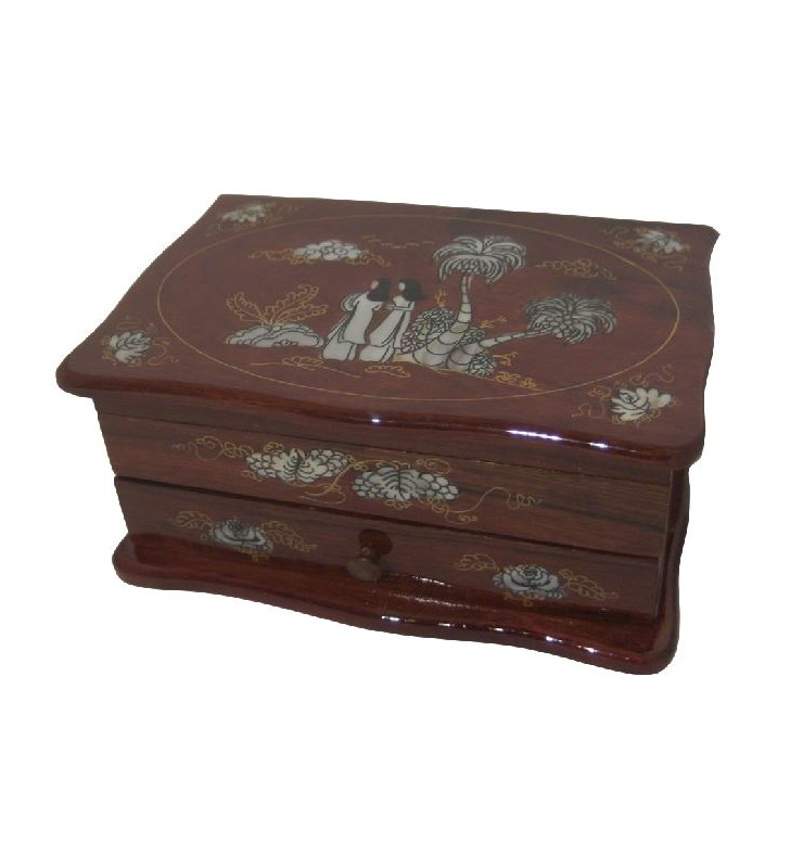 Boîte à bijoux en bois et nacre, motif asiatique, bois clair