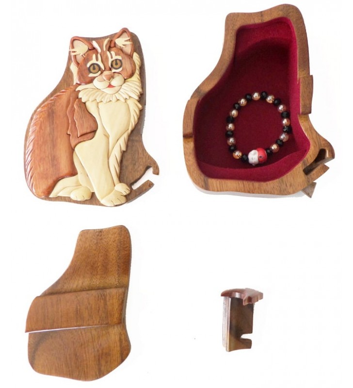 Intérieur de la boîte puzzle secrète à bijoux en bois intarsia, Chat angora