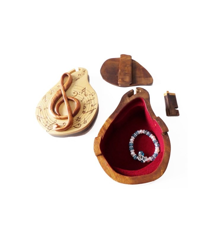 Intérieur de la boîte puzzle secrète à bijoux en bois intarsia, Clef de Sol
