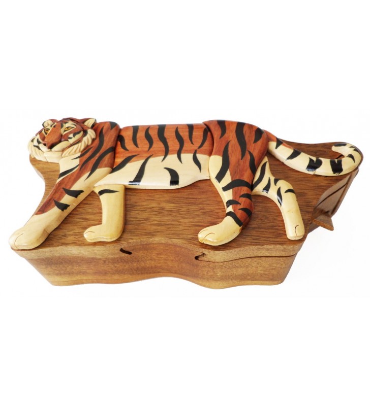 Ouverture mystérieuse de la boîte puzzle secrète à bijoux en bois intarsia, Tigre