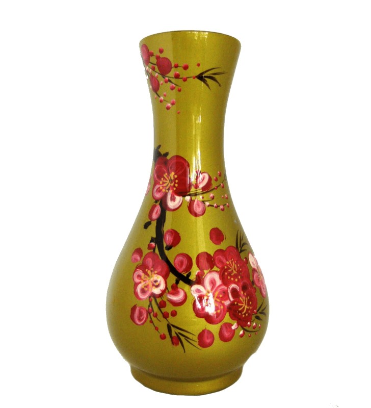 Vase fin en bois laqué, décor asiatique, fleurs cerisier du Japon