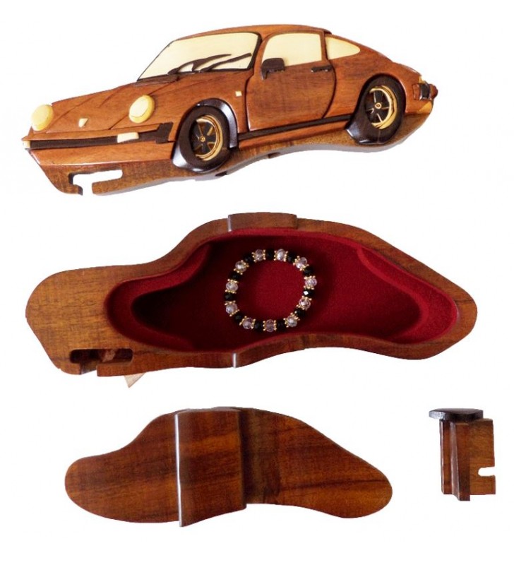 Boîte secrète à bijoux originale en bois intarsia, Porsche 911