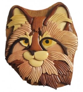 Boîte puzzle secrète à bijoux en bois intarsia, Tête de chat angora