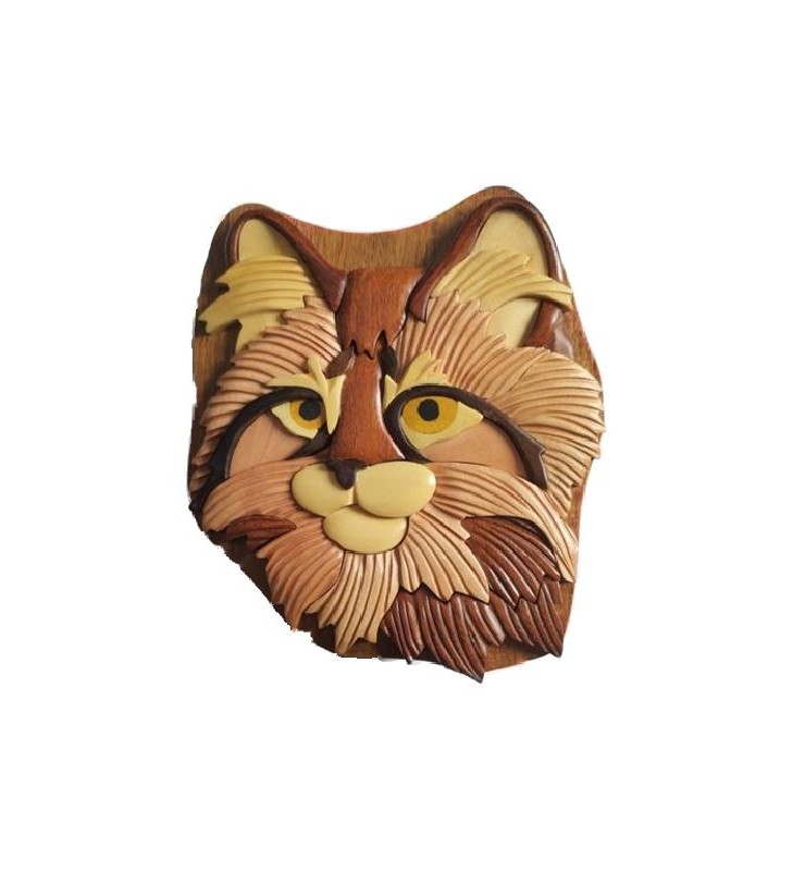 Boîte puzzle secrète à bijoux en bois intarsia, Tête de chat angora