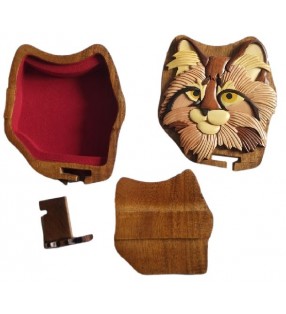 Intérieur de la boîte puzzle secrète à bijoux en bois intarsia, Tête de chat angora
