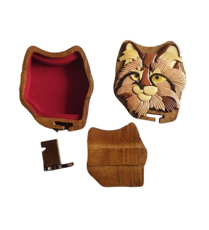 Intérieur de la boîte puzzle secrète à bijoux en bois intarsia, Tête de chat angora