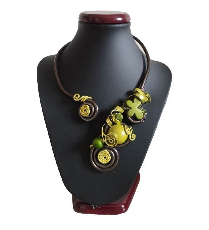 Collier fantaisie femme en fil d'aluminium pour mariage, marron et vert tilleul