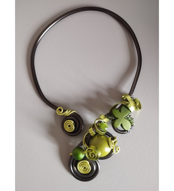 Collier fantaisie femme en fil d'aluminium pour mariage, marron et vert tilleul