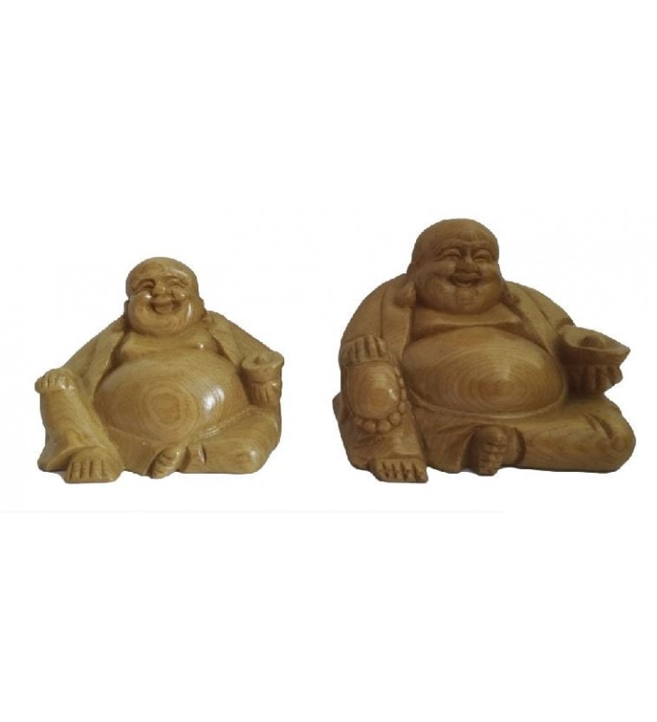 Bouddhas rieurs en bois sculpté - statues zen de 6 cm et 8 cm