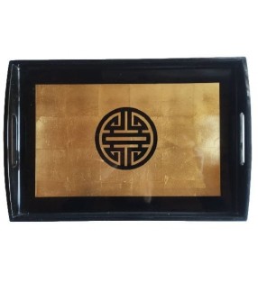 Plateau décoratif au motif asiatique traditionnel, en bois laqué noir et doré